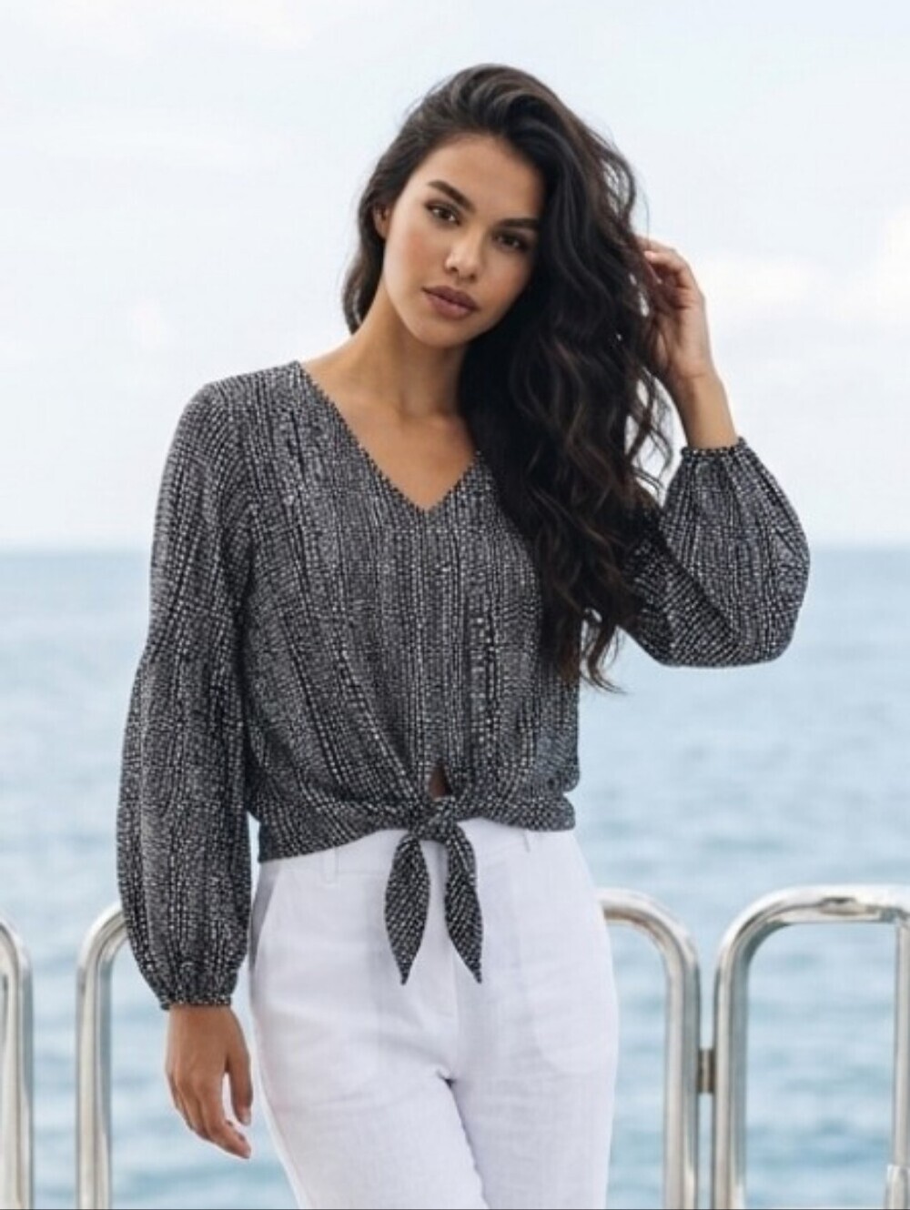 Japna Top V Neck Front Tie Bell Long Sleeve Size Small